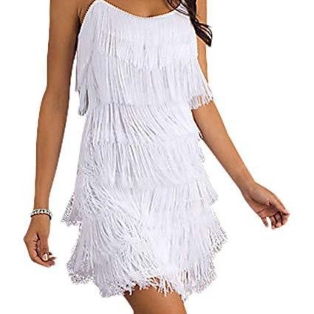 All Over Fringe Flapper Dress - S - White - Ships in 48 hours
